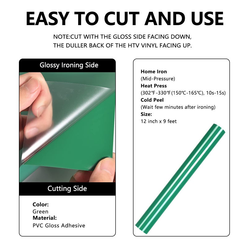 Funkaka Green HTV Heat Transfer Vinyl, 12" x 9ft Glossy, Iron On for T-Shirts, Easy Cut & Weed for Heat Vinyl Design - Image 2